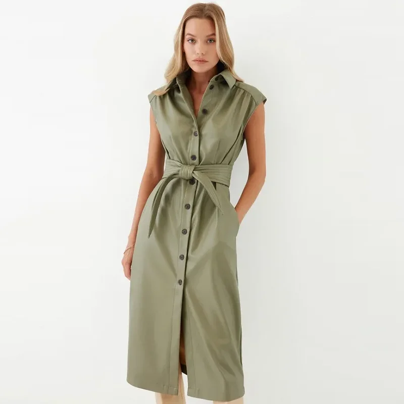 

Vintage Sleeveless Leather Dress Women Elegant Turn Down Collar Single Breasted Bandage Midi Dress Casual Solid Streetwear 2022
