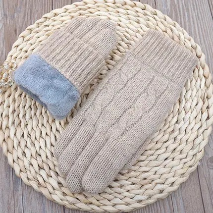 B08 beige Высококачественные осенние зимние женские вязаные перчатки, перчатки с сенсорным экраном, бархатные толстые теплые шерстяные кашемировые однотонные перчатки, Женские варежки - Цвет: B08 beige