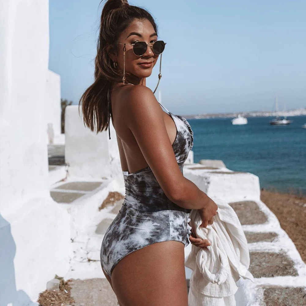 Женский слитный купальник с принтом бандажный завязками спереди купальный