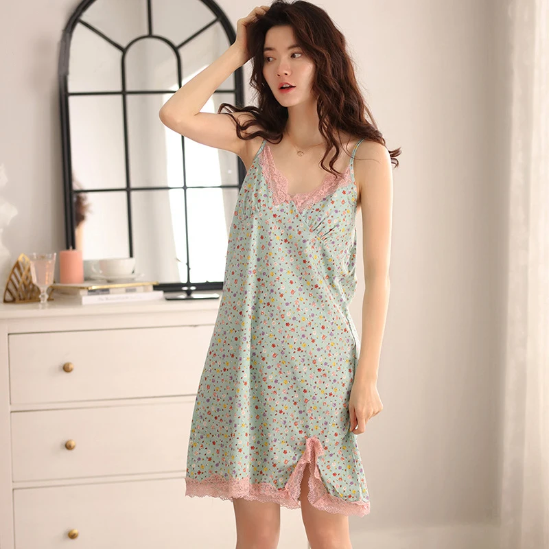 

Summer harness broken beautiful nightgown womens sweet girl sexy lace printing princess thin pajamas sleepwear women 100%cotton