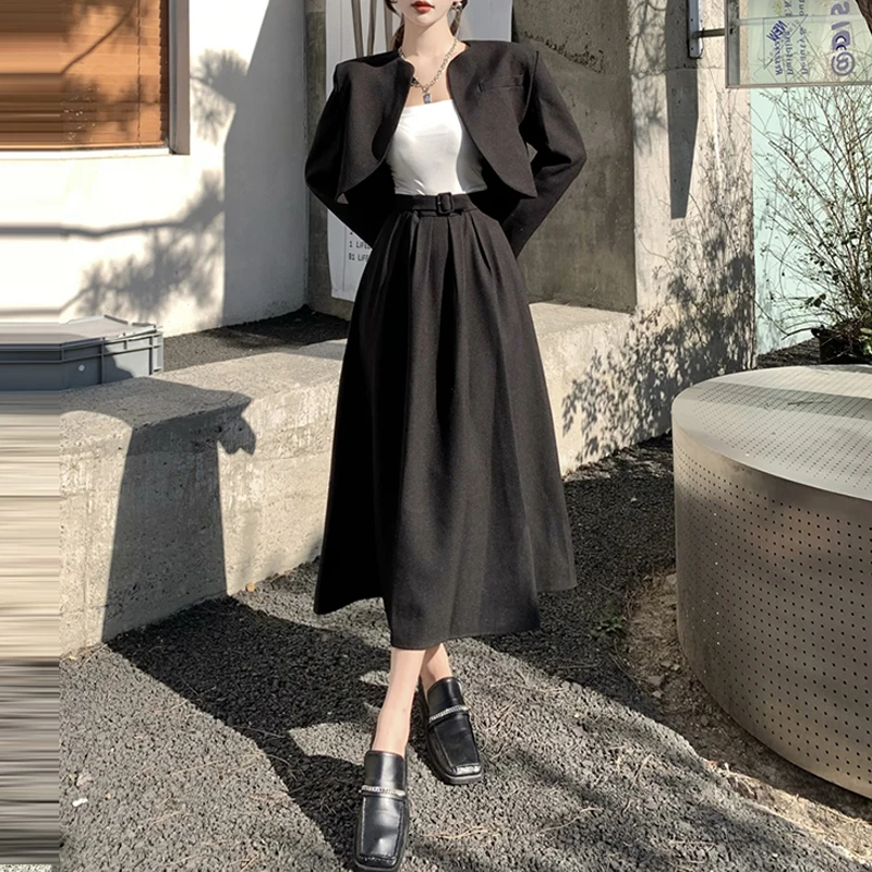 

Женское платье, костюм во французском стиле, короткий черный кардиган, жакет с длинным рукавом + модная простая Однотонная юбка с высокой та...