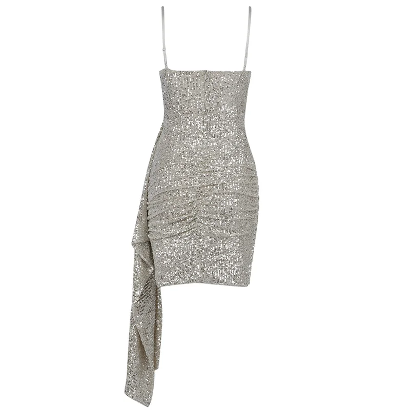 

UKCNSEP High Quality Sexy Spaghetti Straps Sliver Sequins Dress Women Draped Bodycon Celebrity Runway Night Club Party Dress