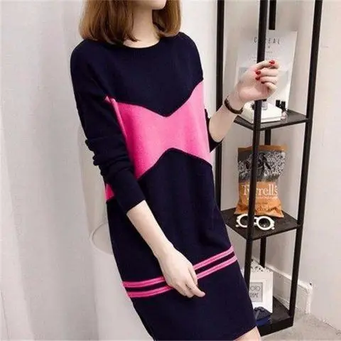 

Spring and Autumn New Split Middle and Long Sweater Women's Korean Temperament Long Sleeve Casual Hip Wrap Skirt Pullover Dress