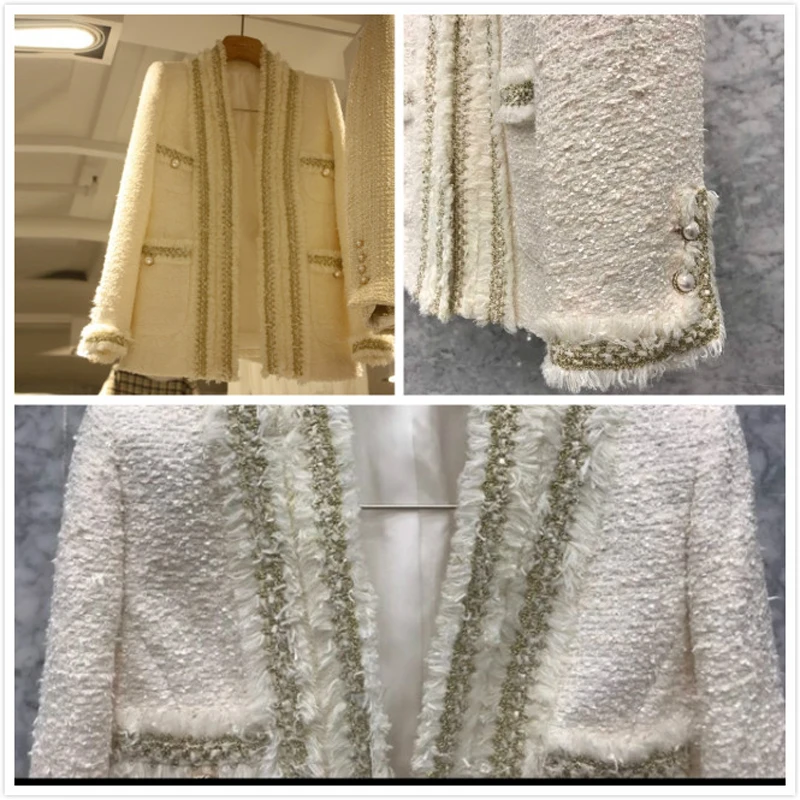 Женский твидовый пиджак винтажный с v-образным вырезом и жемчужинами Офисная