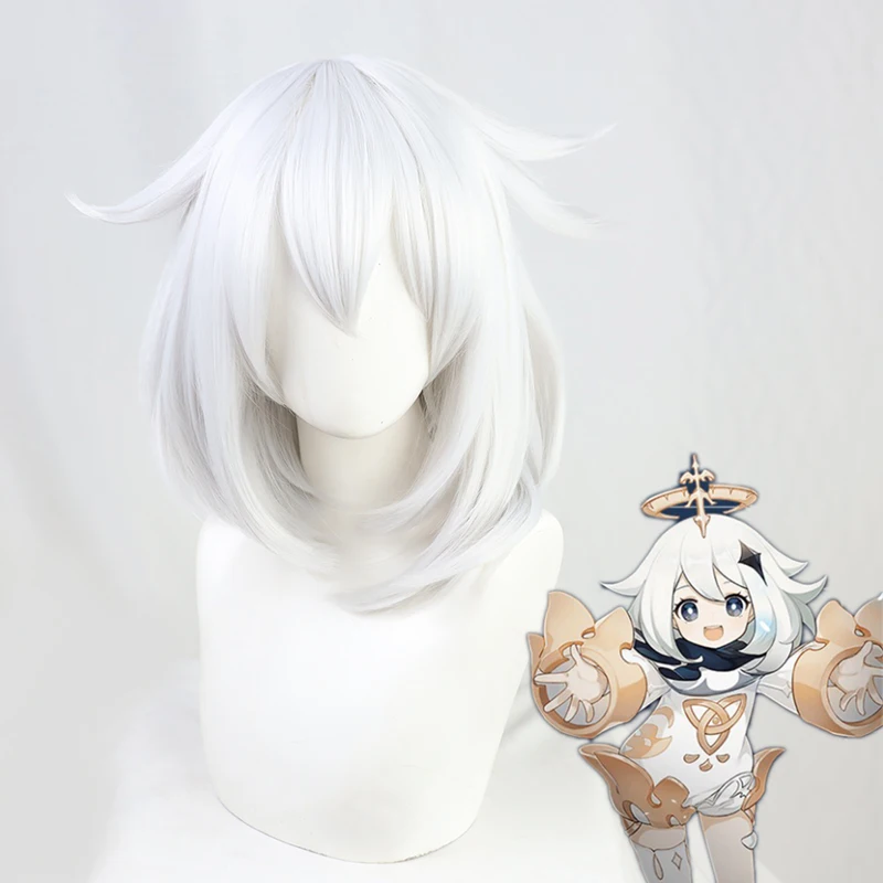 

Game Genshin Impact Paimon Cosplay Wig White Short Heat Resistant Synthetic Hair Halloween Party Role Play + Free Wig Cap