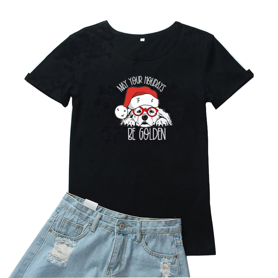 

May Your Holidays Be Golden T Shirt for Women Cute Dog Pattern Women T-shirt Funny Kawaii Print Graphic Tee Women White Red Tops