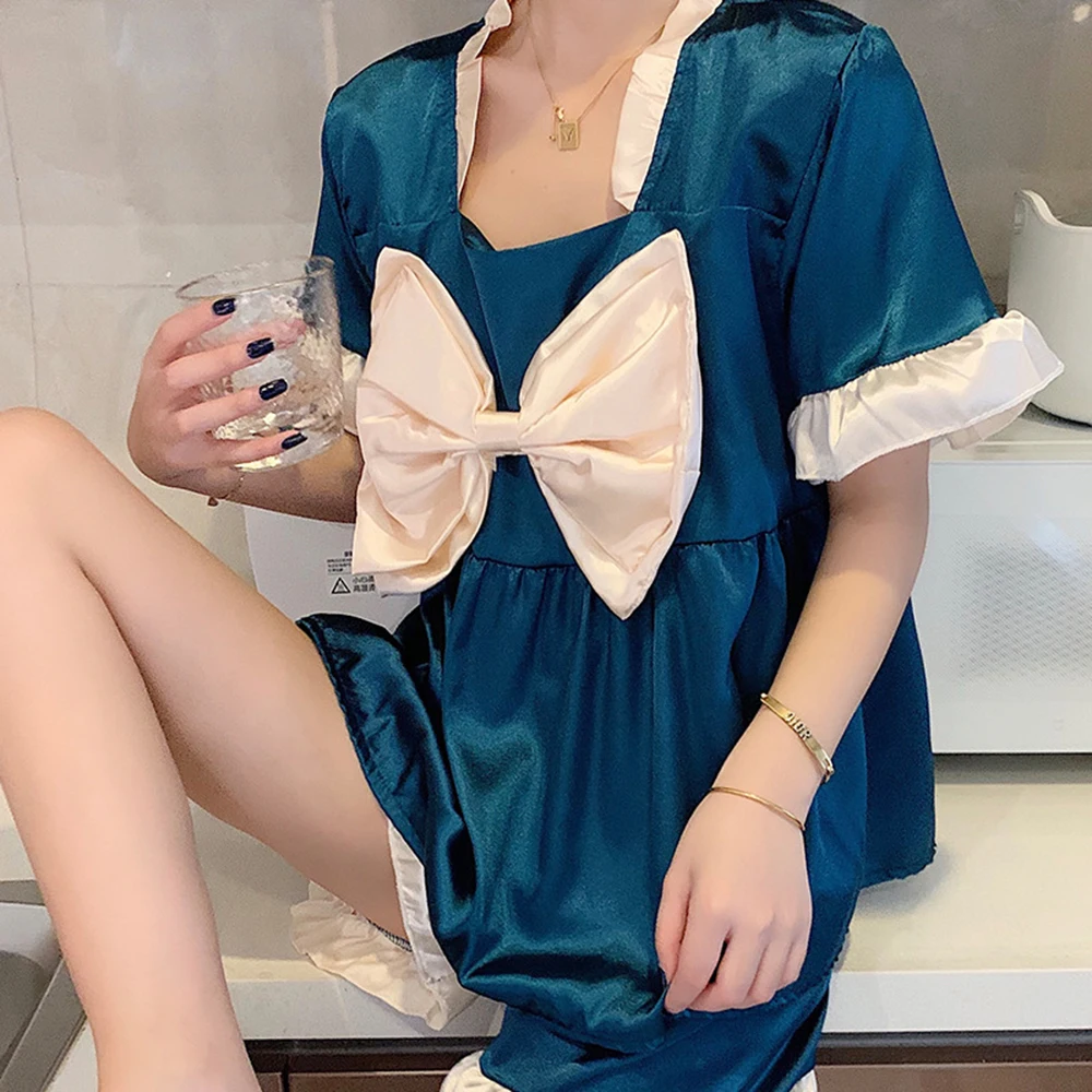 

ChunShang Bowknot Pajamas Women 2021 New Fashion Short-Sleeved Shorts Imitation Silk Home Service