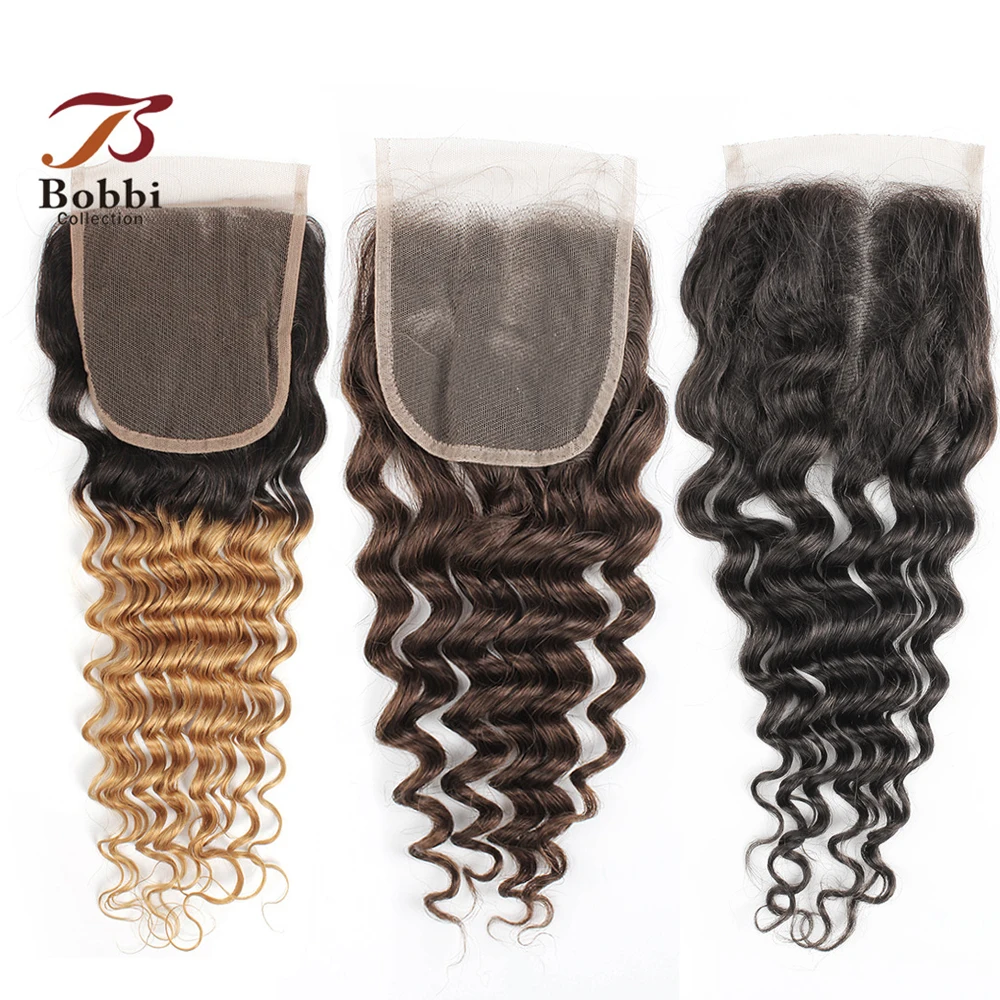 

1 Piece 4x4 Lace Closure Free Part 1B 27 Ombre Honey Blonde Black Color Dark Brown Deep Wave Remy Human Hair 10-18 inch