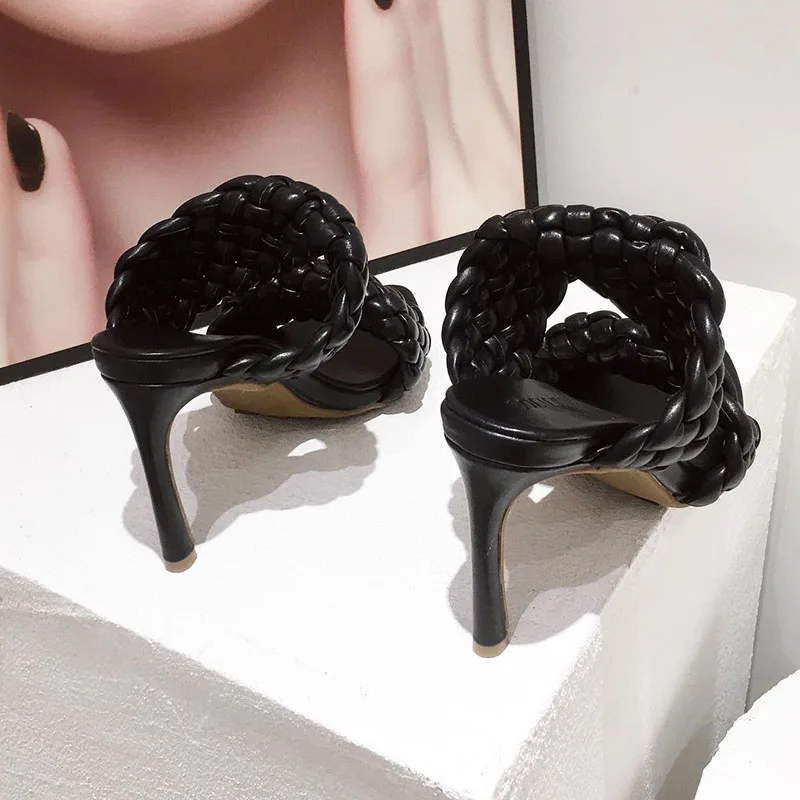 

Designer High Heel Slipper Women Mules Summer Slippers Open Toe Weave Sandals Ladies Slides Plus Size 41 Stiletto Party Shoes