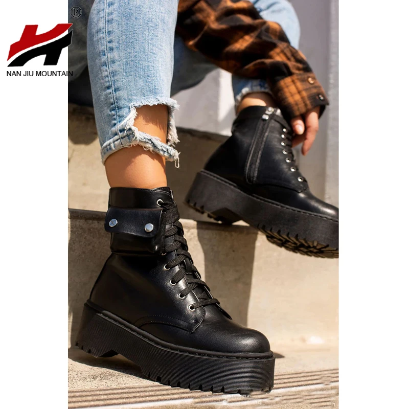 

NAN JIU MOUNTAIN 2021 Women's Shoes Autumn Mid Heel Martin Boots Lace Up Solid Color Short Boots Outdoor Fashion Plus Size 41