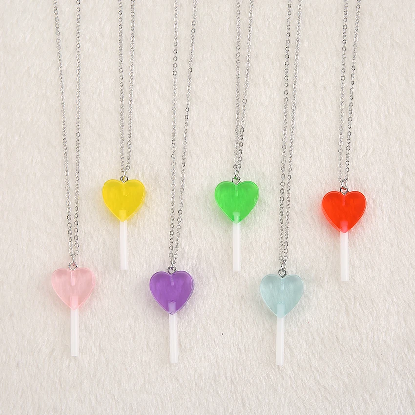 

1pc Cute Multicolor Resin Heart Lollipop Necklace for children Birthday Gift Woman Jewelry