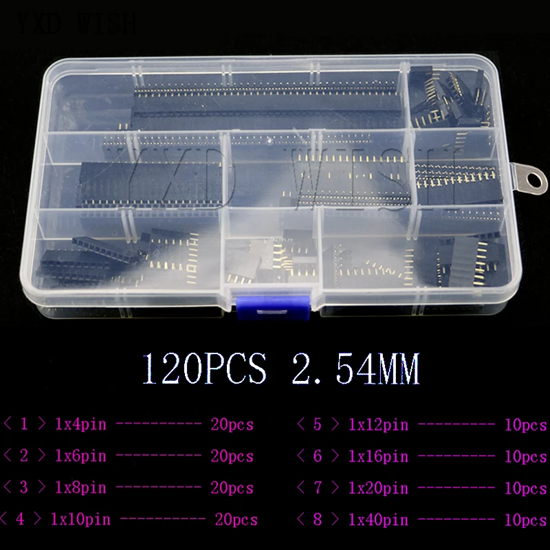 

120Pcs 2.54mm Straight Single Row PCB Board Female Pin Header Socket Connector Strip Assortment Kit 4P/6P/8P/10P/12P/16P/20P/40P