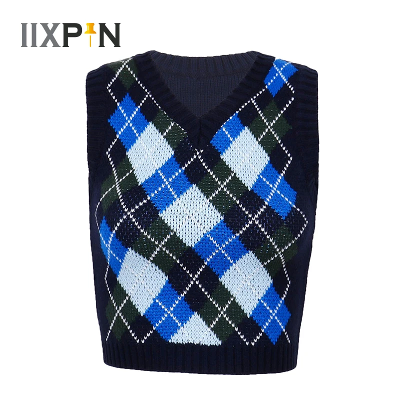 

Винтажный клетчатый вязаный свитер, жилет для женщин, v-образный вырез, без рукавов, Повседневный свитер на бретелях, укороченный топ, Осенни...