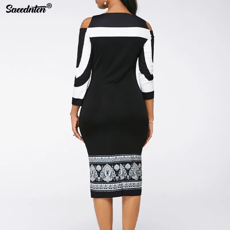 

Elegant Off Shoulder 3/4 Sleeve Dress Women 2021 Spirng Casual Print Patchwork Vintage Office Lady Slim Fit Party Pencil Dresses