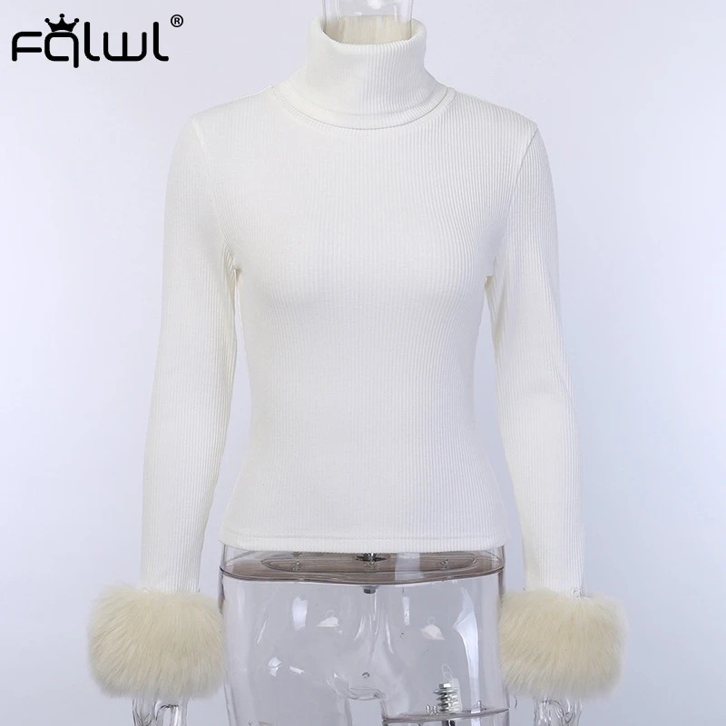 FQLWL Осень Зима Пушистый водолазка белый ребристый вязаный свитер женский джемпер
