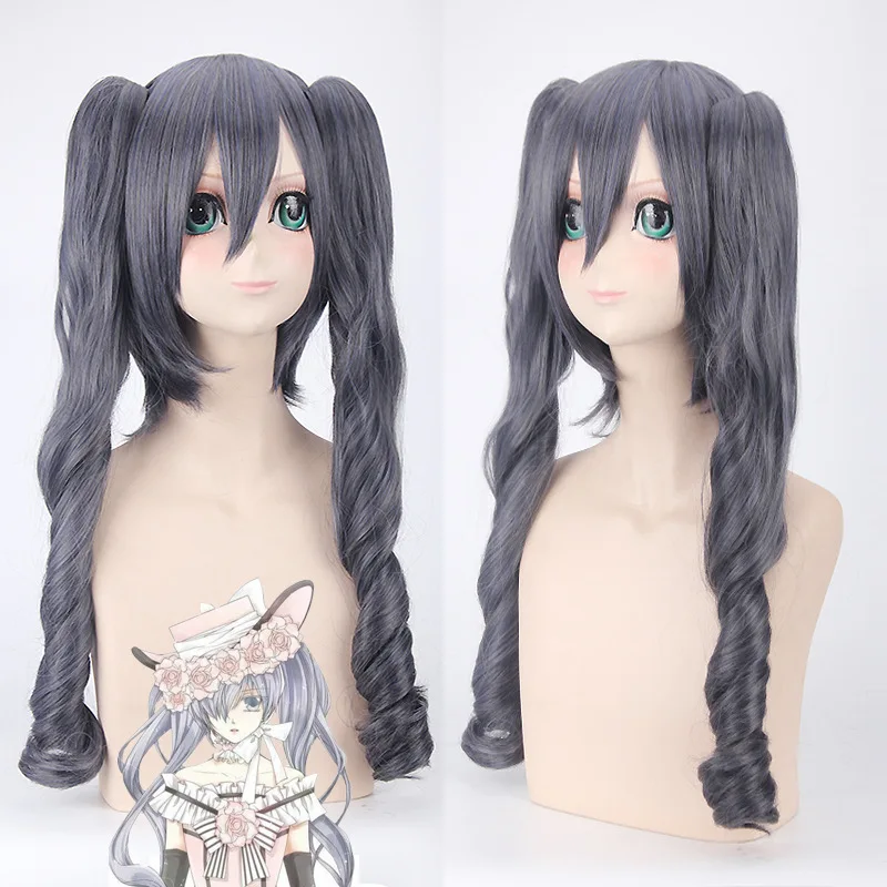 

Girls Cosplay Black Butler Ciel Phantomhive Wigs for Women Kuroshitsuji Long Grey Hair Wig Ponytail Female C54379AD