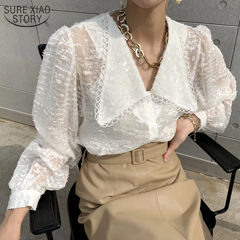 

2022White Shirt Lace Long Sleeve Puff Sleeve Women's Blouse Lapel Chiffon Blouse Spring Shirts loose Elegant Shirt 13562
