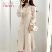 v neck vintage one piece french pleated dress long sleeve slim woman sweater dresses knitted elegant party woman dress autumn