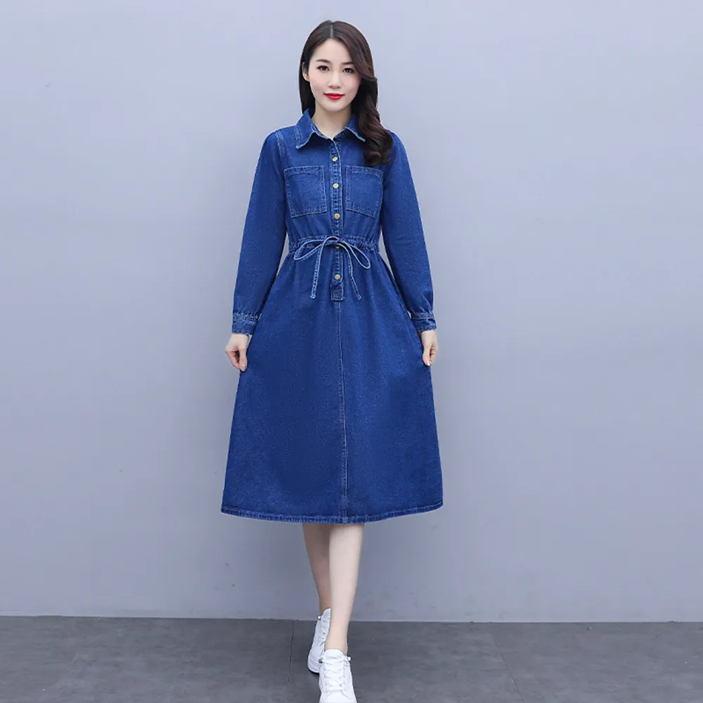 

New Spring Autumn Women Jeans Dress Turn-Down Collar Collect Waist Sashes Slim Solid Single Button For Females Denim One-Piece