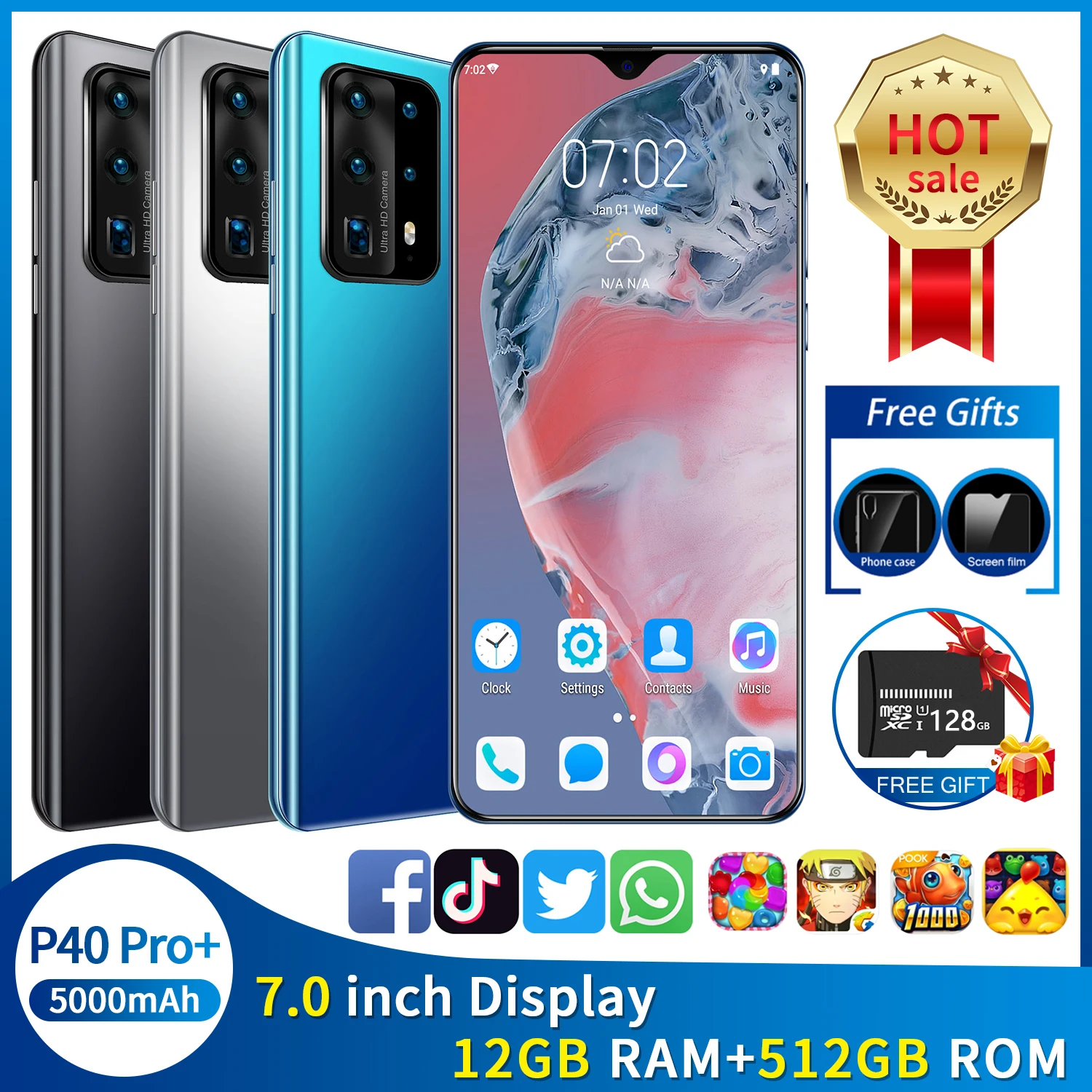 

NEW P40 Pro+ Smartphone 12GB+512GB Large Memory 7.0inch Screen for Huawei Cellphone Face Unlock 5G Three Card Mobile Phone