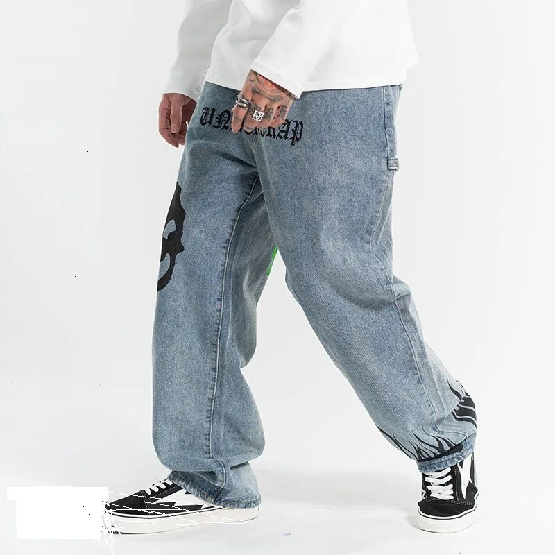 

Personalized flame printing Men's casual washed jeans