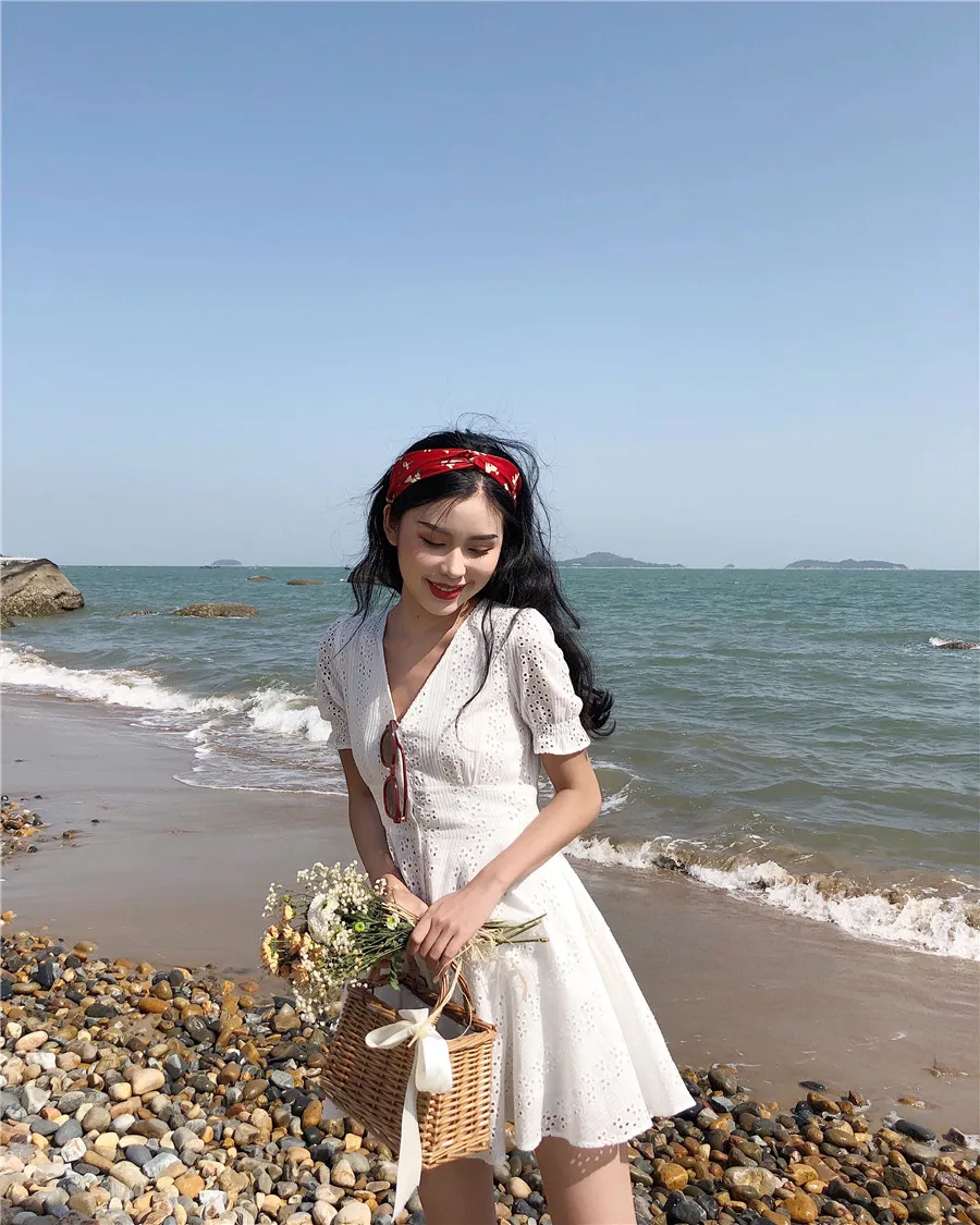 

2020 new waist French white super fairy short summer dress thin dress