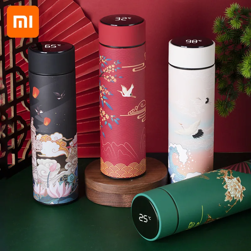 

Thermal Mug Water Bottle Thermos Chinese Style Ins Illustration Vacuum Flask Stainless Steel Display Temperature Water Cup New
