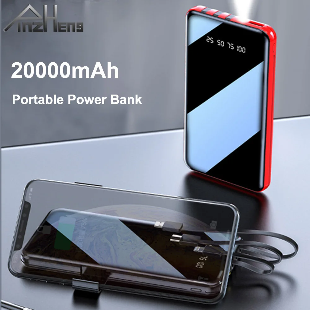 PINZHENG 20000mAh Portable Power Bank Full Screen Built-in 3 Cables Powerbank For iPhone Xiaomi Fast Charging External Battery