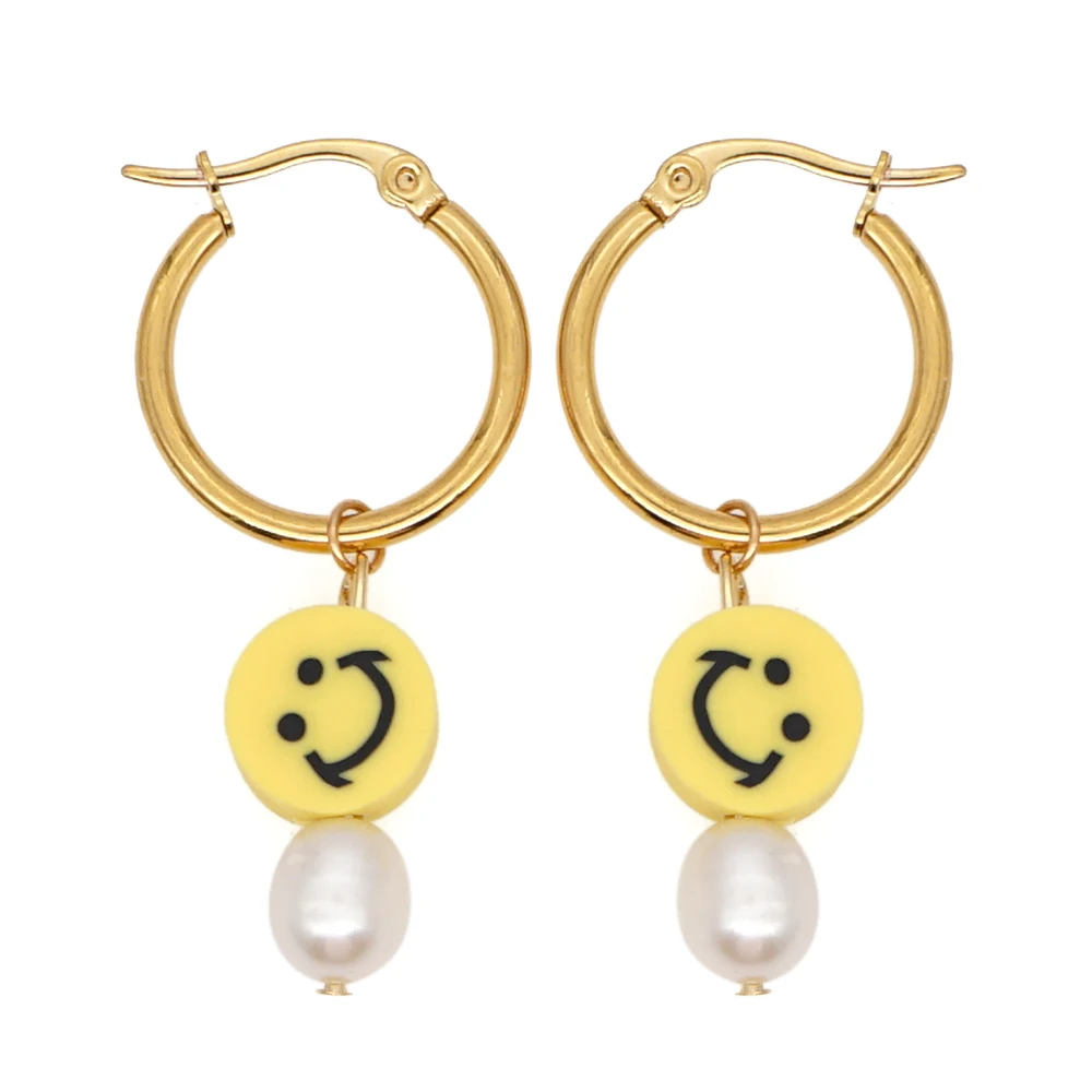 

Go2Boho 2021 Cute Smile Face Earrings for Women Pearl Jewelry Girl Perlas Dangle Drop Earings Stainless Steel Circle Earring