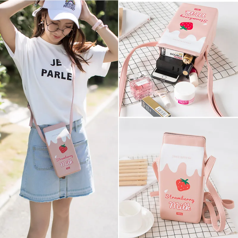 

Fashion Milk Strawberry Patten Mini Shoulder Bag for Women PU Leather Phone Pocket Ladies Crossbody Bag Female Messenger Purse