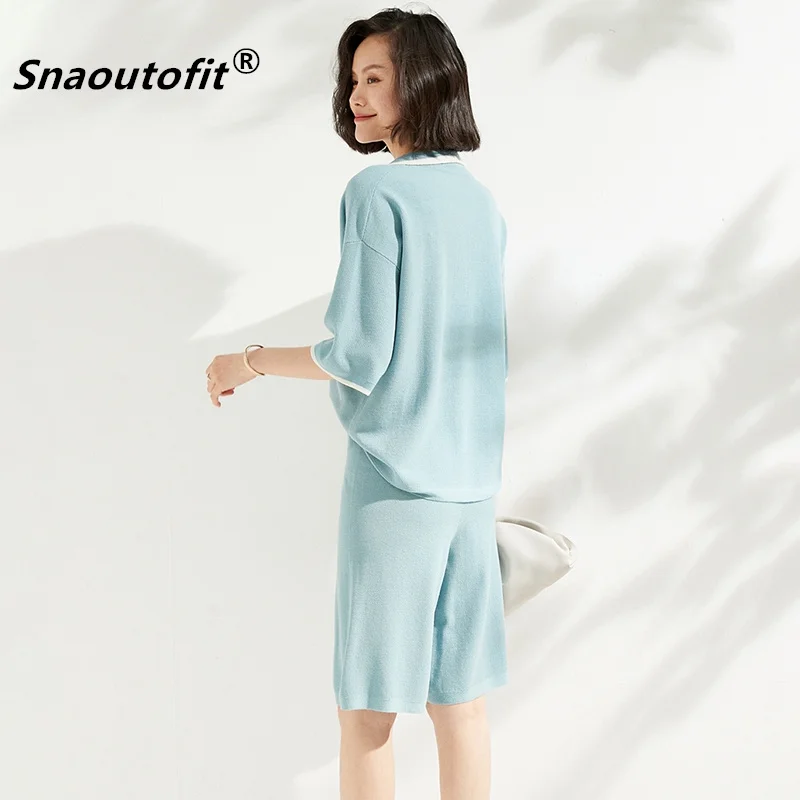 Summer Simple Casual Suit Thin Section Polo Collar Pure Wool Sweater Knitted T-Shirt Shorts Sports Two-Piece Female