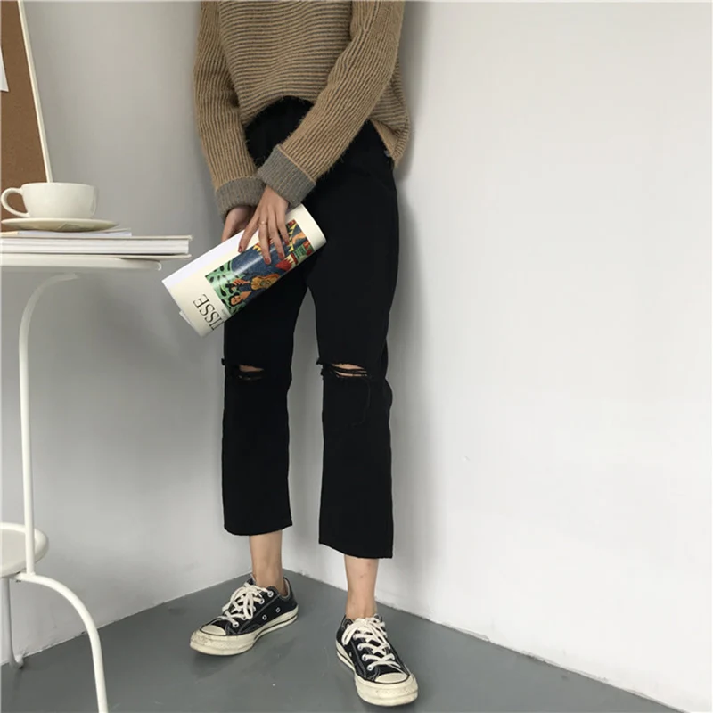 

Jeans Women Plus Size 5XL Loose Ripped Holes Vintage Ankle Length Harajuku Korean Style Black Jean Womens Simple All-match Chic