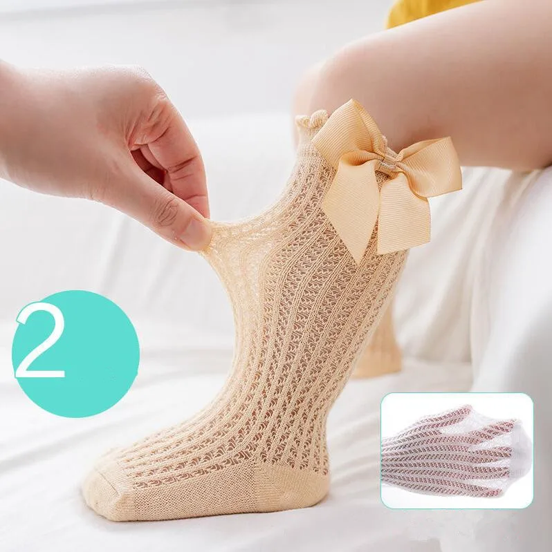 

2 Pairs Baby Toddlers Girls Socks Breathable Mesh Cotton Socks Newborn 3/4 Knee High Spanish Style Bowknot Socks for Girls