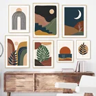 Горы Солнце Луна Monstera абстрактный пейзаж Искусство Холст Картина скандинавские плакаты и принты настенные картины для декора гостиной