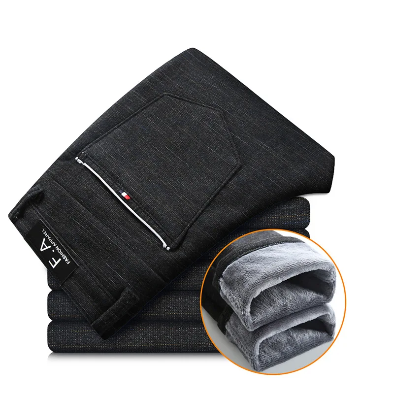 

Plus velvet thick warm straight slim casual pants 2021 winter new brand men's micro-elastic fashion trousers black gray blue