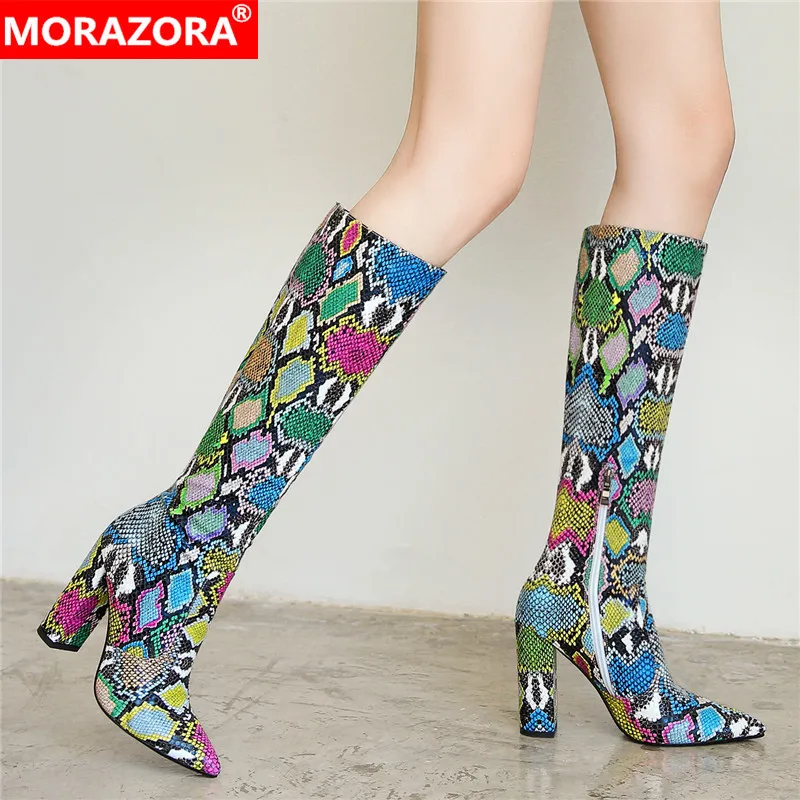 

Женские сапоги со змеиным носком MORAZORA, черные сапоги из искусственной кожи на высоком каблуке, с острым носком, на молнии, зимний сезон 2021