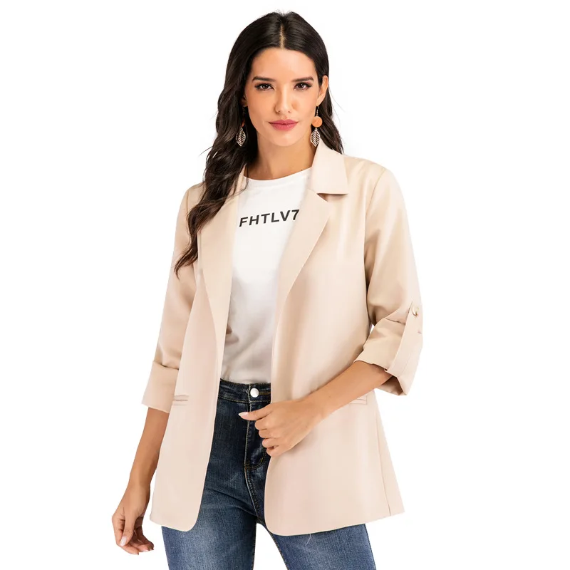 

Diiwii Women Roll-up Sleeve Open Front Blazer Solid Color Elegant Modern Lady Workwear Jacket Outerwear Long Sleeve Spring Coat