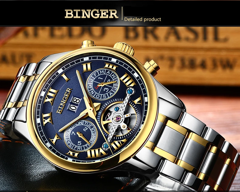 Швейцарские Бингер мужские часы люксовый бренд Tourbillon сапфир светящиеся несколько функций механические наручные часы B8602-7