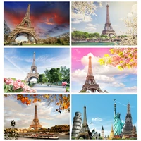 laeacco vinyl backdrops for photography eiffel tower old town flowers street blue sky scenic photo background for photo studio