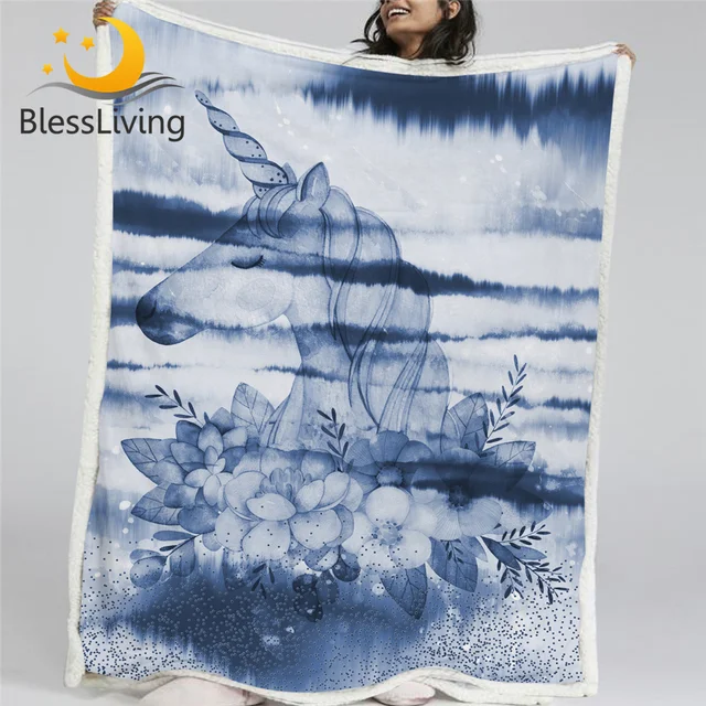 BlessLiving Unicorn Kids Blankets For Beds Flower Cartoon Plush Bedspread Watercolor Ink Blue Bedding 130x150 Dropship Cobertor 1