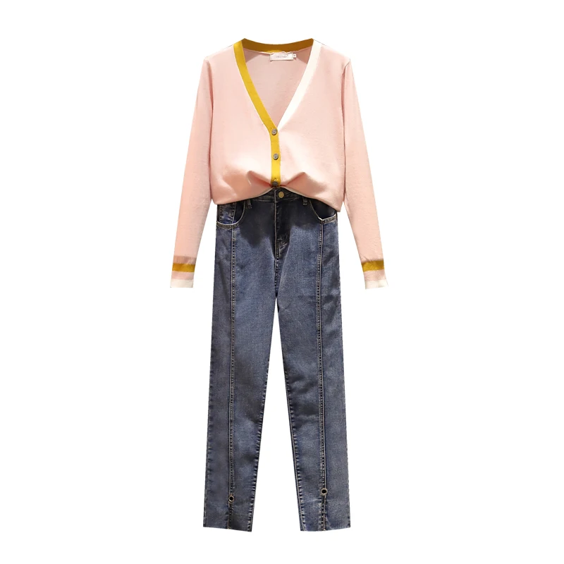 

Big Yards Plus Size M -4XL New Suit Knitting Striped V Neck Sweater Denim Trousers Jeans Women Fall Winter Leisure Outfit Casual