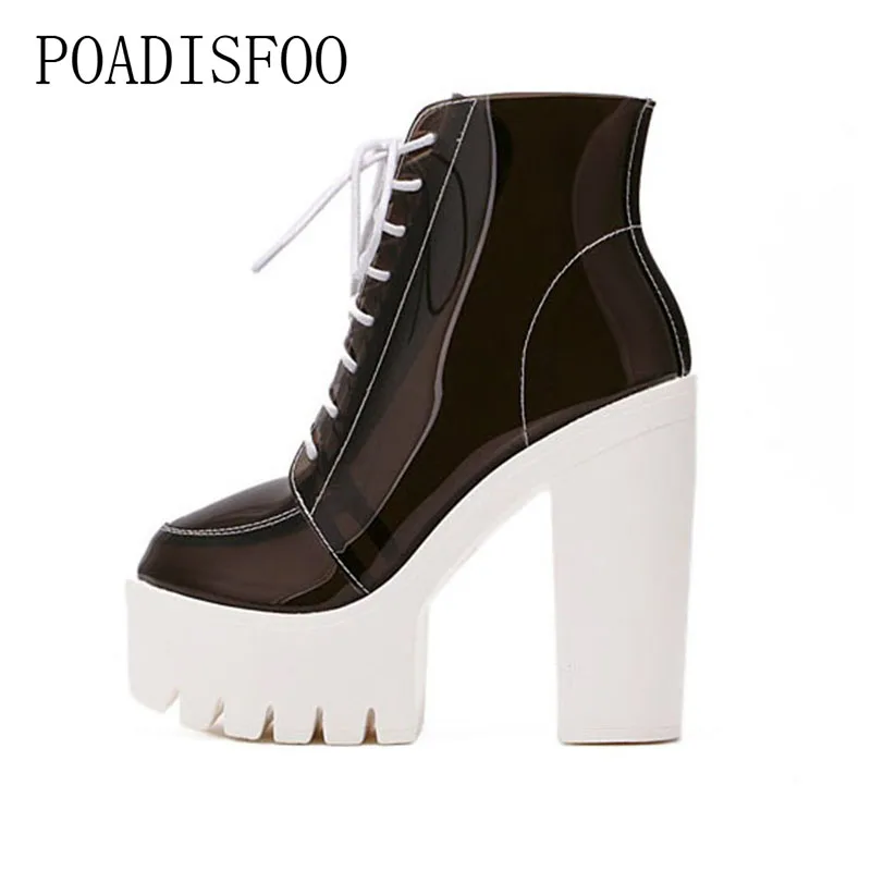 2018 г. женские сапоги на квадратном каблуке прозрачные водонепроницаемые
