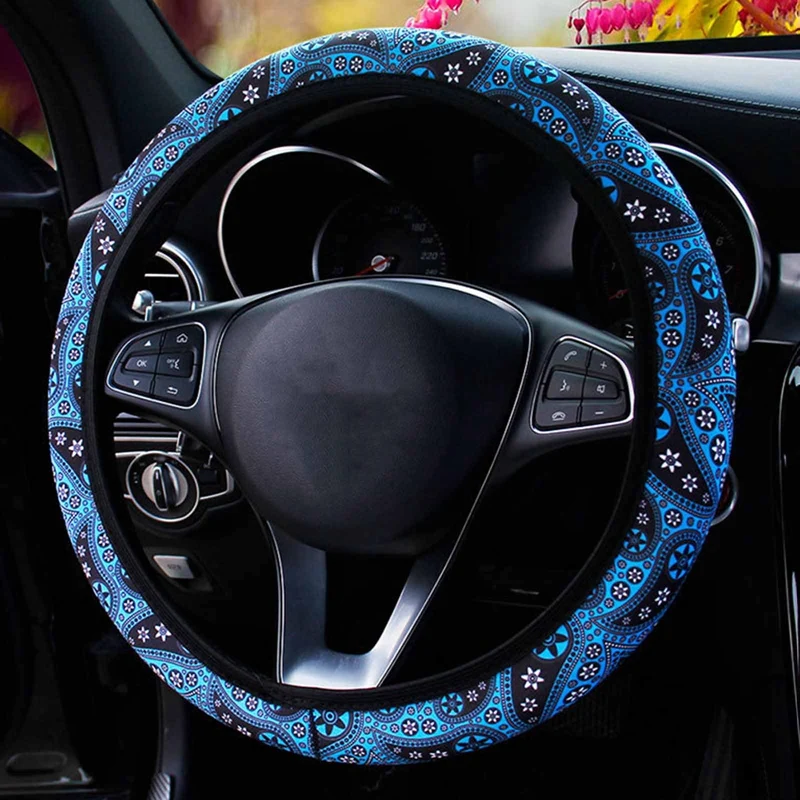 

37-38CM Diameter Floral Print Bohemia Style Steering Wheel Cover Handbrake Gear Cover Car-styling Car Interior Accessories