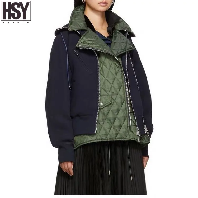 【HSY】 Новая Осенняя модная Женская Стеганая мотоциклетная куртка космическая хлопковая Лоскутная имитация двух частей ромбическое пальто с капюшоном 2 цвета