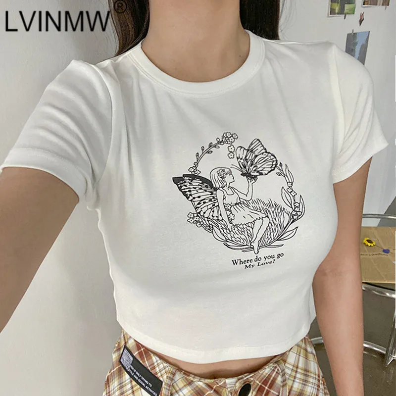 

LVINMW хлопковые мягкие базовые тонкие футболки с круглым вырезом и принтом Феи Простые повседневные эластичные женские топы с коротким рукав...