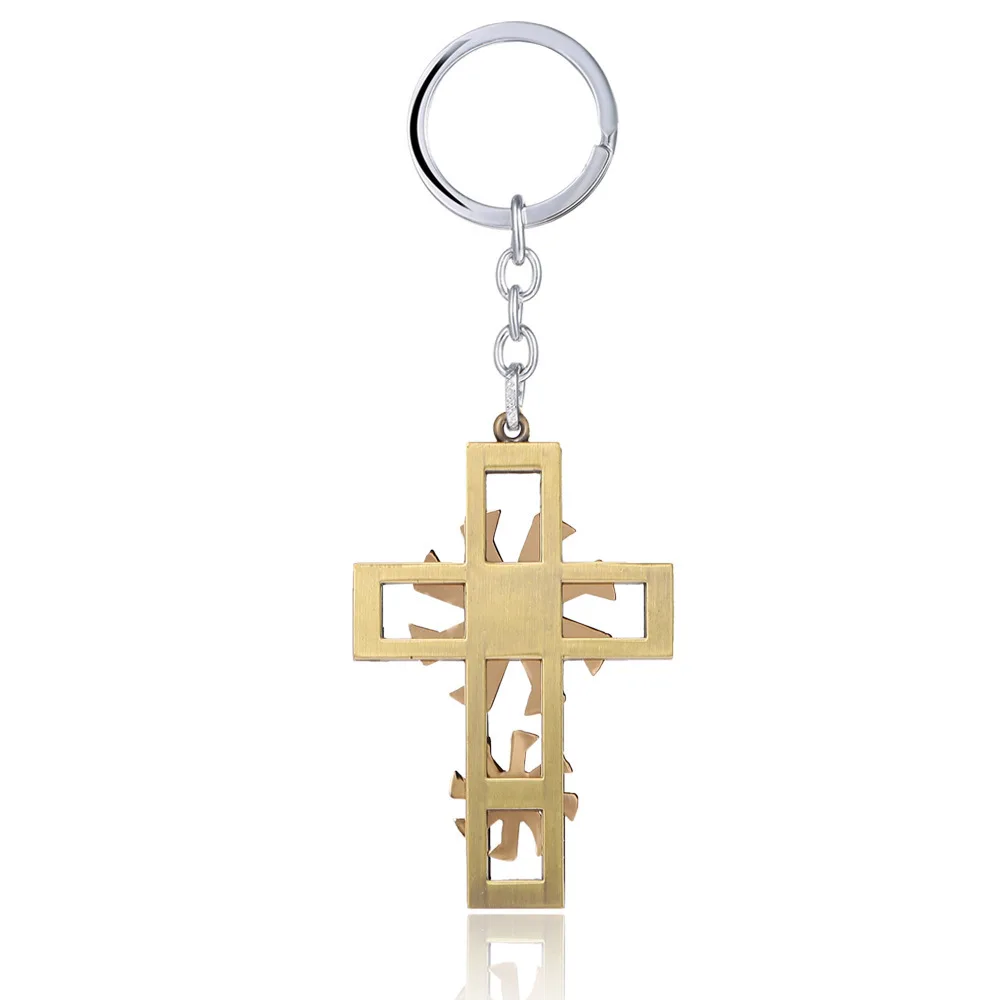 

New Retro Punk Keychain Hollow Out Two-Color Character Cross Pendant Key Chains Men Rock Jewelry Keyring Crucifix Faith Jesus