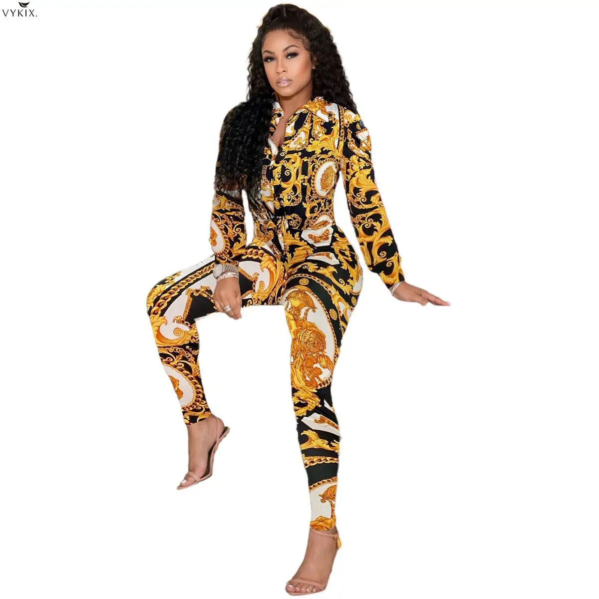 

Korean Women Set Print Full Sleeve Single Breasted Shirts Top Skinny Pencil Pants Two 2 Piece Sets Casual Tracksuits Outfits New