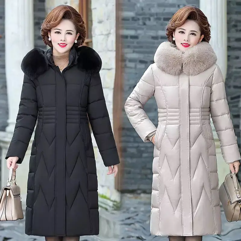 2021 New Women's X-Long Winter Big Pocket Hooded Windproof Down Jacket With Fur Collar Oversized Cotton Padded Coat s1348