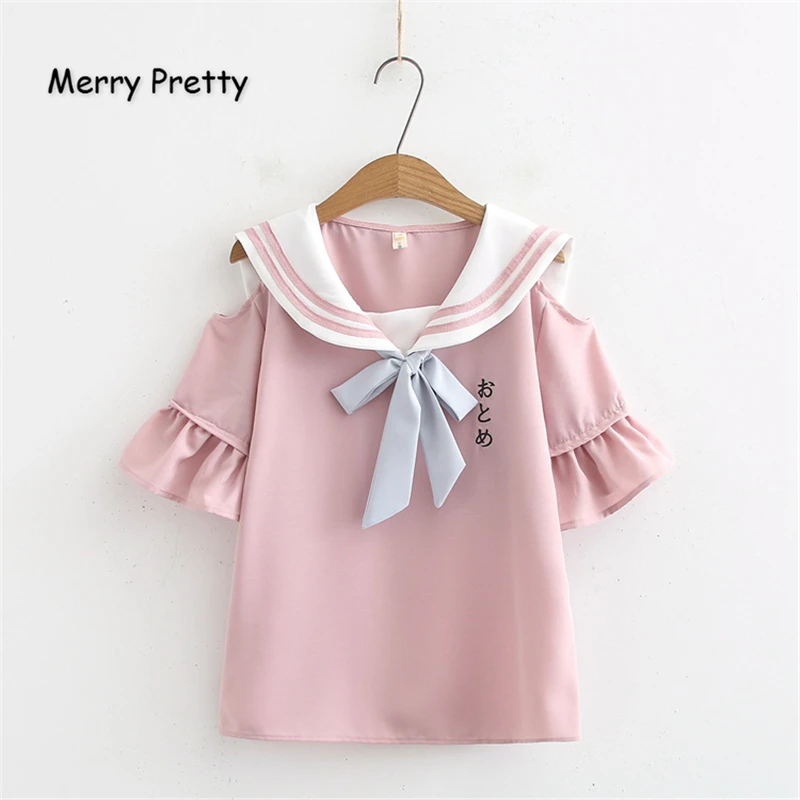 Фото Женская блузка с бантом и открытыми плечами Merry Pretty розовая рубашка матросским Женская блузка с бантом и открытыми плечами Merry Pretty розовая рубашка матросским