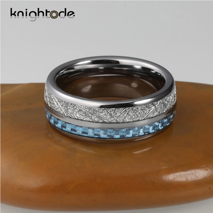 Кольцо из карбида вольфрама 8 мм белый метеорит/светильник инкрустация голубого